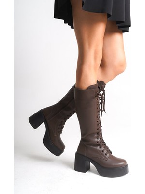Zerenyus Guani Premium Kahverengi Kalın Yüksek Topuklu Çizme