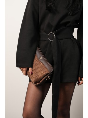 Marjin Kadın Fermuarlı Iç Cepli Clutch Çapraz Askılı El ve Omuz Çantası Faris Kahve
