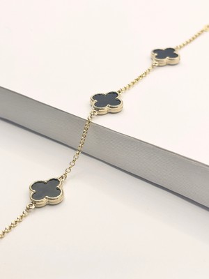 14 Ayar Altın Büyük Siyah Taşlı Yonca Bileklik