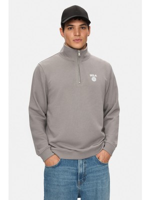 Ucla LEON Grafit Yarım Fermuar Pamuklu Baskılı Dik Yaka Standard Fit Erkek Sweatshirt
