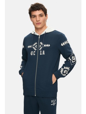 Ucla Spencer Lacivert Kapüşonlu Baskılı Fermuarlı Standard Fit Erkek Sweatshirt