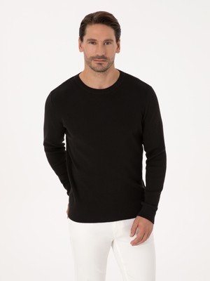 Cacharel Erkek Siyah Slim Fit Pamuk Karışımlı Bisiklet Yaka Selanik Örgü Triko Kazak 50318976-VR046