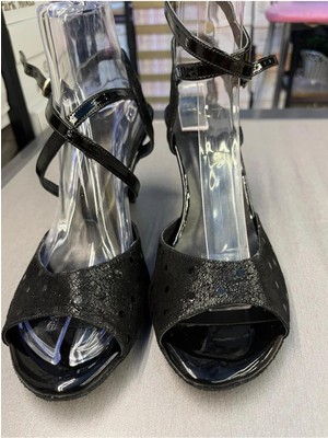 Bitangosu Siyah-Siyah Puantiye Detaylı 7,5 cm 11 Pont Kelebek Model Tango, Dans ve Salon Ayakkabısı