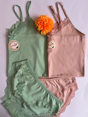 Kadın Atlet-Külot Alt Üst Takım Ip Askılı 2 Adet Pudra-Yeşil Renk Dantelli Pamuklu Atlet-Külot(Kota)
