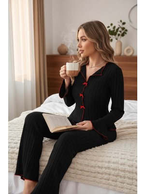 Kadın Siyah Kırmızı Biyeli ve Fiyonklu Uzun Kollu Mevsimlik Pijama Takımı