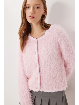 Happiness İstanbul Düğmeli Sakallı Triko Hırka LXA0013 Şeker Pembe