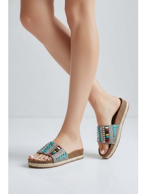 Konfores 2232-PIEN Anatomik Mantar Tabanlı Boncuklu Kadın Terlik - NKT02232-GRI-MINT-39