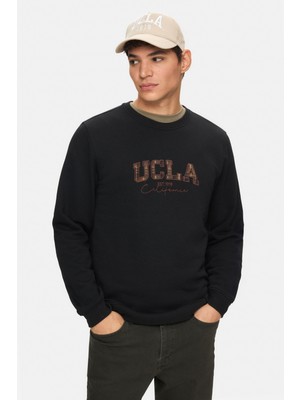 Ucla MATTY Siyah Bisiklet Yaka Pamuklu Ekose Nakışlı Standart Fit Erkek Sweatshirt