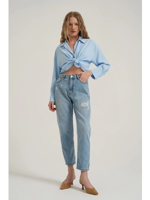 Yırtık Detaylı Denim Pantolon Buz Mavi