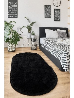 Estiva Home Siyah Oval Post Peluş Halı – Ultra Yumuşak, Kaymaz Dot Taban, Antibakteriyel – Makinada Yıkanabilir Yolluk Halısı