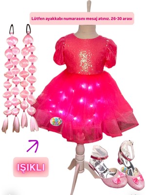 3b Kids Payetli Pembe Işıklı Elbise Kostüm + Pembe Bubble Saç + Pembe Topuklu Ayakkabı Seti Parti Bayram