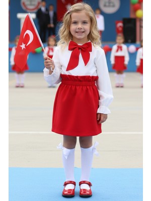 Parla Kids Kız Çocuk Uzun Kollu Kırmızı Etek Ekru Bluz Fular 29 Ekim Takım