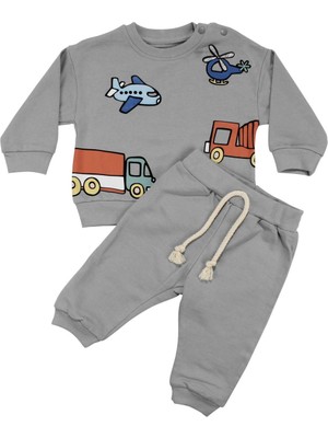 by BebekOdam Erkek Bebek Gri Uçak Kamyon Baskılı 2'li Takım - 1016181