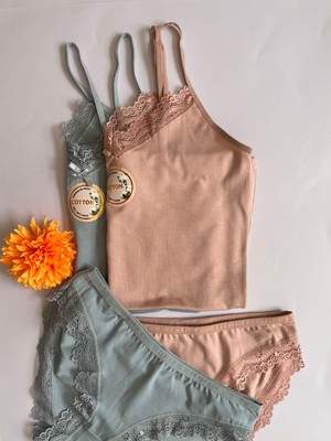Kadın Atlet-Külot Alt Üst Takım Ip Askılı 2 Adet Pudra-Gri Renk Dantelli Pamuklu Atlet-Külot(Kota)