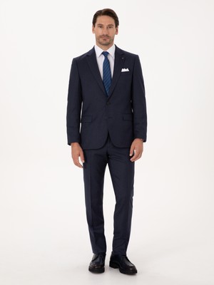 Cacharel Erkek Lacivert Slim Fit Yün Karışımlı Mikro Desenli Klasik Pantolon 50310020-VR033