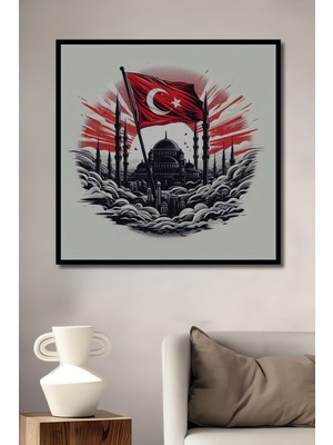 Teona Ahşap Çerçeve Görünümlü Ayasofya Türk Bayrağı Ahşap Mdf Dekoratif Ev Duvar Tablo Dikdörtgen Ev Duvar Tablo