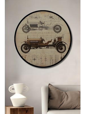 Teona Ahşap Çerçeve Görünümlü Vintage Araba Tasarımı Ahşap Mdf Dekoratif Ev Duvar Tablo Yuvarlak Ev Duvar Tablo