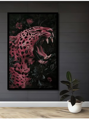 Teona Ahşap Çerçeve Görünümlü Pembe Leopar Çiçekli Dekoratif Ahşap Mdf Ev Duvar Tablo Dikdörtgen Ev Duvar Tablo