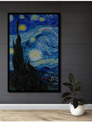 Teona Ahşap Çerçeve Görünümlü Van Gogh Yıldızlı Gece Dekoratif Ahşap Mdf Tablo Dikdörtgen Tablo