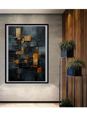 Teona Ahşap Çerçeve Görünümlü Siyah Altın Geometrik Ahşap Mdf Dekoratif Ev Duvar Tablo Dikdörtgen Ev Duvar Tablo