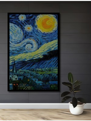 Teona Ahşap Çerçeve Görünümlü Van Gogh Yıldızlı Gece Dekoratif Ahşap Mdf Tablo Dikdörtgen Tablo