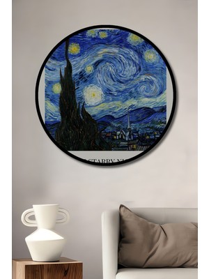 Teona Ahşap Çerçeve Görünümlü Van Gogh Yıldızlı Gece Dekoratif Ahşap Mdf Ev Duvar Tablo Yuvarlak Ev Duvar Tablo