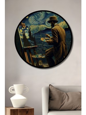 Teona Ahşap Çerçeve Görünümlü Van Gogh Yıldızlı Gece Ahşap Mdf Dekoratif Ev Duvar Tablo Yuvarlak Ev Duvar Tablo