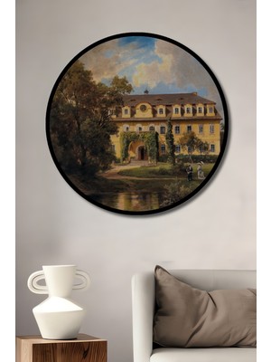 Teona Ahşap Çerçeve Görünümlü Tarihi Konak Manzarası Dekoratif Ahşap Mdf Ev Duvar Tablo Yuvarlak Ev Duvar Tablo