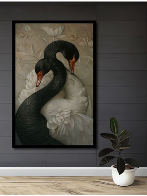 Teona Ahşap Çerçeve Görünümlü Siyah Beyaz Kuğu Aşkı Dekoratif Ahşap Mdf Ev Duvar Tablo Dikdörtgen Ev Duvar Tablo