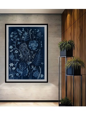 Teona Ahşap Çerçeve Görünümlü Mavi Botanik Desenler Dekoratif Ahşap Mdf Ev Duvar Tablo Dikdörtgen Ev Duvar Tablo