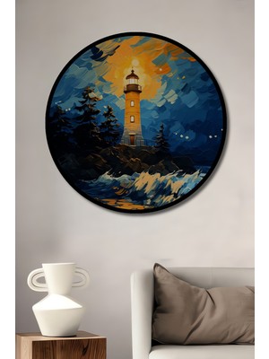 Teona Ahşap Çerçeve Görünümlü Fırtınalı Deniz Feneri Dekoratif Ahşap Mdf Ev Duvar Tablo Yuvarlak Ev Duvar Tablo