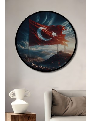 Teona Ahşap Çerçeve Görünümlü Türk Bayrağı Manzarası Dekoratif Ahşap Mdf Ev Duvar Tablo Yuvarlak Ev Duvar Tablo