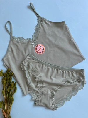 Kadın Atlet-Külot Alt Üst Takım Ip Askılı 1 Adet Gri Renk Dantelli Pamuklu Atlet-Külot(Kota)