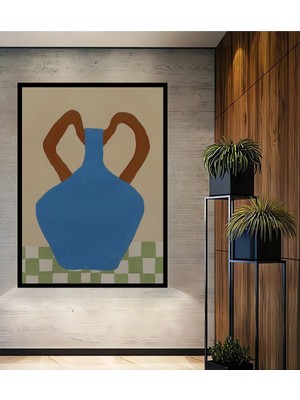 Teona Ahşap Çerçeve Görünümlü Iki Kulplu Mavi Vazo Dekoratif Ahşap Mdf Ev Duvar Tablo Dikdörtgen Ev Duvar Tablo