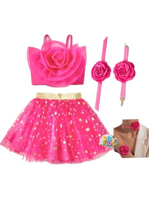 3b Kids Pembe Yıldızlı Tütü Etek Pembe Güllü Üst + Pembe Güllü Kolye Bileklik Seti Doğum Günü Bayram Parti