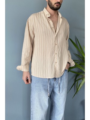 Alışveriş Sokağı Kırışıklı Kumaş Çizgili Vizon Gömlek