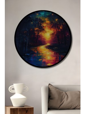 Teona Ahşap Çerçeve Görünümlü Büyülü Orman Gün Batımı Ahşap Mdf Dekoratif Ev Duvar Tablo Yuvarlak Ev Duvar Tablo
