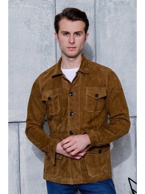 Kende Erkek Safari Düğmeli Hakiki Deri Taba Süet Ceket