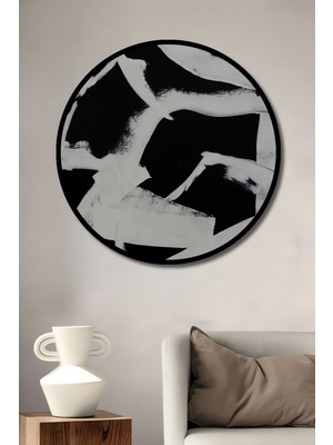 Teona Ahşap Çerçeve Görünümlü Soyut Sanat Siyah Beyaz Dekoratif Ahşap Mdf Ev Duvar Tablo Yuvarlak Ev Duvar Tablo