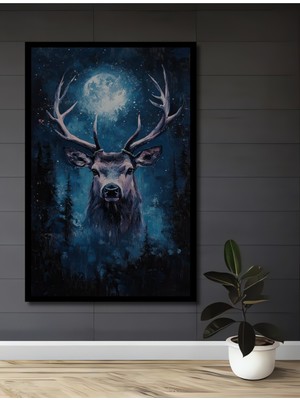 Teona Ahşap Çerçeve Görünümlü Gece Ayışığında Geyik Ahşap Mdf Dekoratif Ev Duvar Tablo Dikdörtgen Ev Duvar Tablo