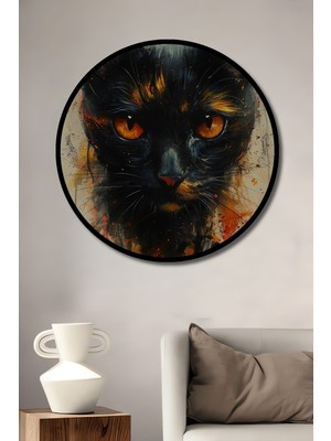 Teona Ahşap Çerçeve Görünümlü Dekoratif Ahşap Mdf Ev Duvar Tablo Sanatsal Kedi Portresi Yuvarlak Ev Duvar Tablo