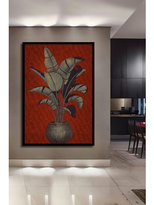 Teona Ahşap Çerçeve Görünümlü Büyük Yapraklı Bitki Ahşap Mdf Dekoratif Ev Duvar Tablo Dikdörtgen Ev Duvar Tablo