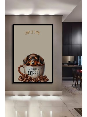 Teona Ahşap Çerçeve Görünümlü Köpekli Kahve Zamanı Dekoratif Ahşap Mdf Ev Duvar Tablo Dikdörtgen Ev Duvar Tablo