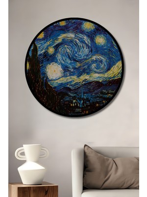 Teona Ahşap Çerçeve Görünümlü Van Gogh Yıldızlı Gece Dekoratif Ahşap Mdf Ev Duvar Tablo Yuvarlak Ev Duvar Tablo