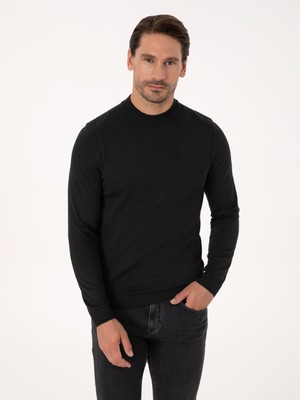 Cacharel Erkek Siyah Slim Fit Yün Karışımlı Çeyrek Balıkçı Yaka Basic Triko Kazak 50318891-VR046