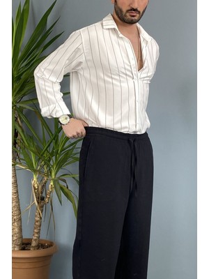 Alışveriş Sokağı Dokuma Uzun Kol Gri Çizgili Beyaz Gömlek