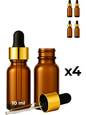 Seray Cam 4’lü 10 ml Amber Cam Serum Şişesi + Gold (Altın) Metal Kapaklı Siyah Uçlu Damlalık