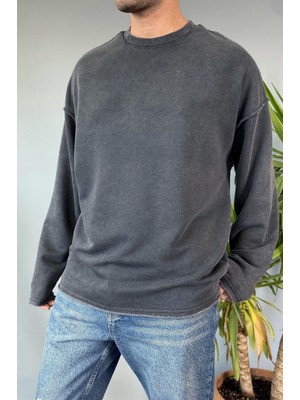 Alışveriş Sokağı Oversize Antrasit Bisiklet Yaka Yıkamalı Sweatshirt