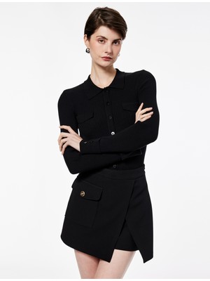 Koton Aplike Detaylı Uzun Kollu Düğmeli Polo Yaka Triko Kazak