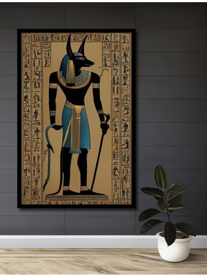 Teona Ahşap Çerçeve Görünümlü Mısır Tanrısı Anubis Ahşap Mdf Dekoratif Ev Duvar Tablo Dikdörtgen Ev Duvar Tablo